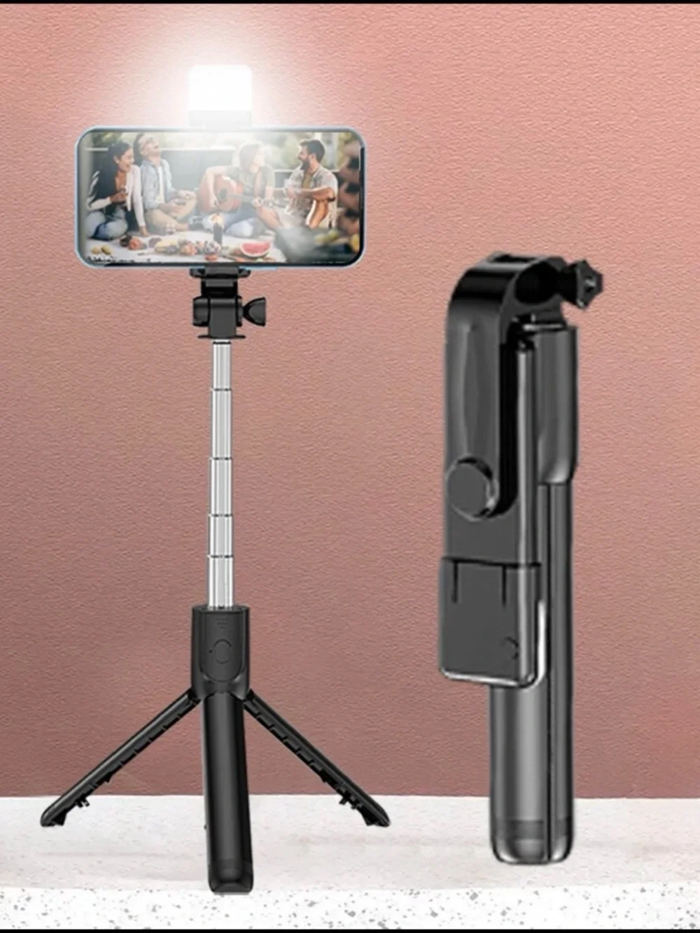 Adjustable Tripod Selfie Stick with Remote and LED Light - Black
